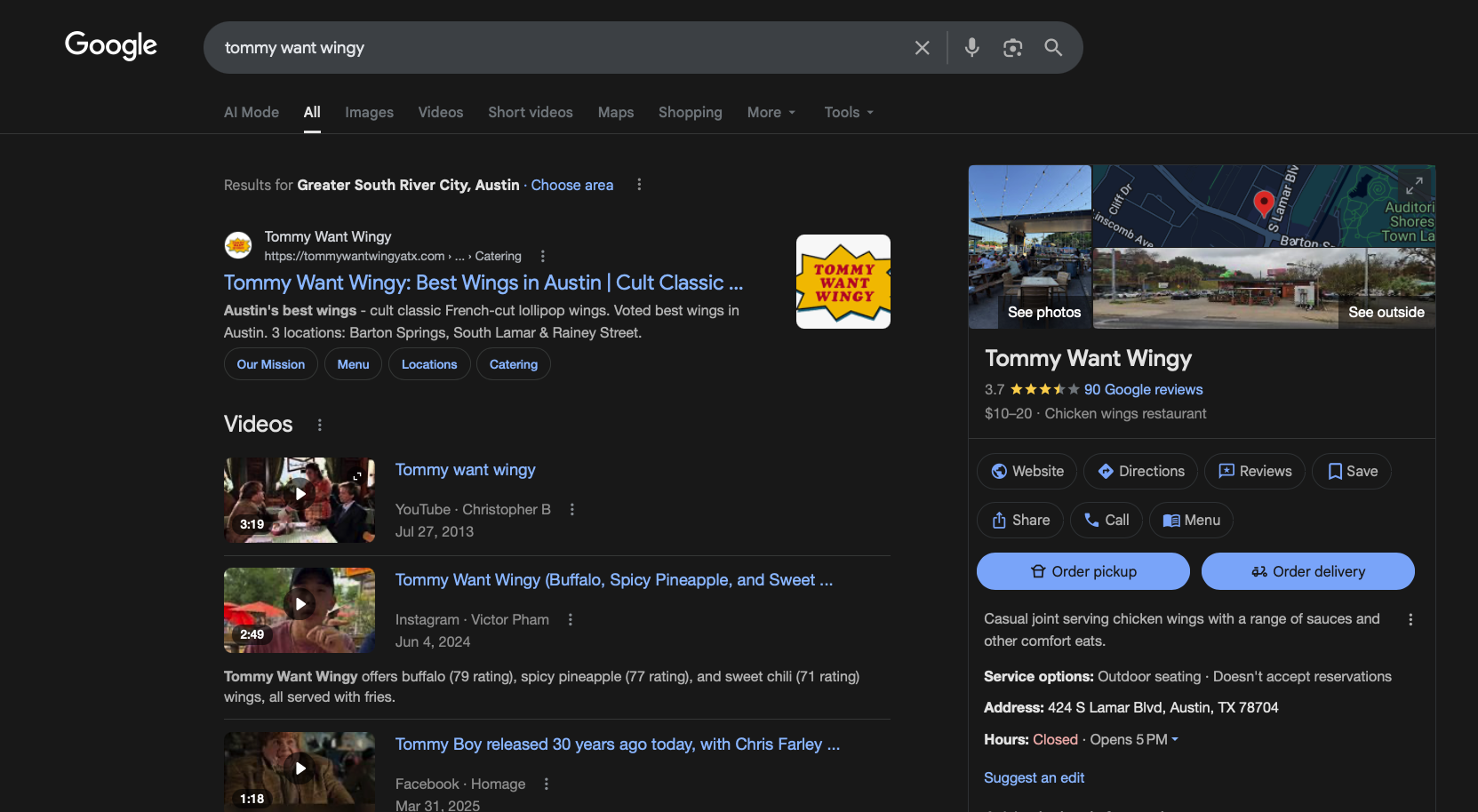 Google search results showing a food truck website ranking at the top.