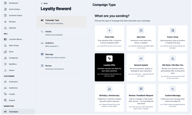 Loyalty dashboard and customer profile view.