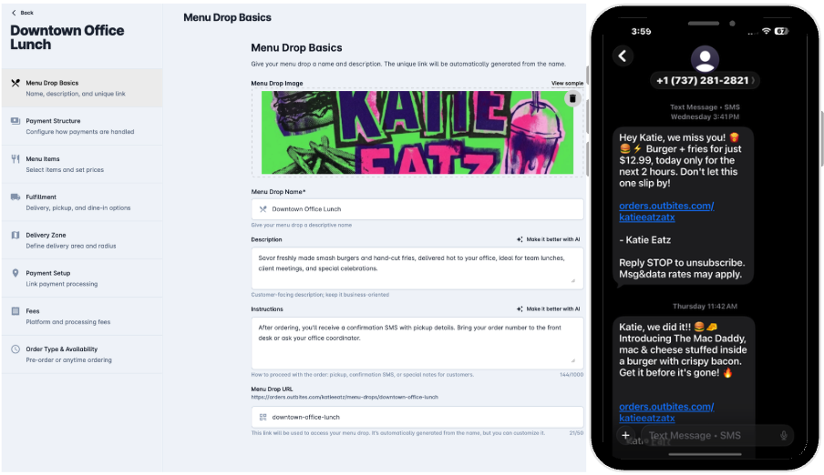 Campaign rule builder and SMS preview for automated menu drops.