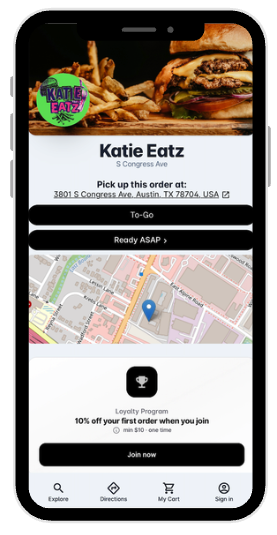 Katie Eatz mobile ordering page shown on a phone screen.