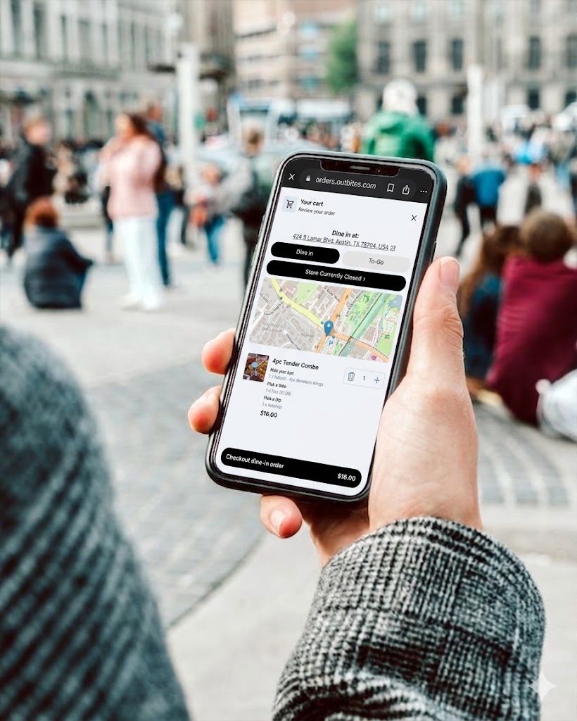 Mobile ordering screen with menu items, cart, and checkout