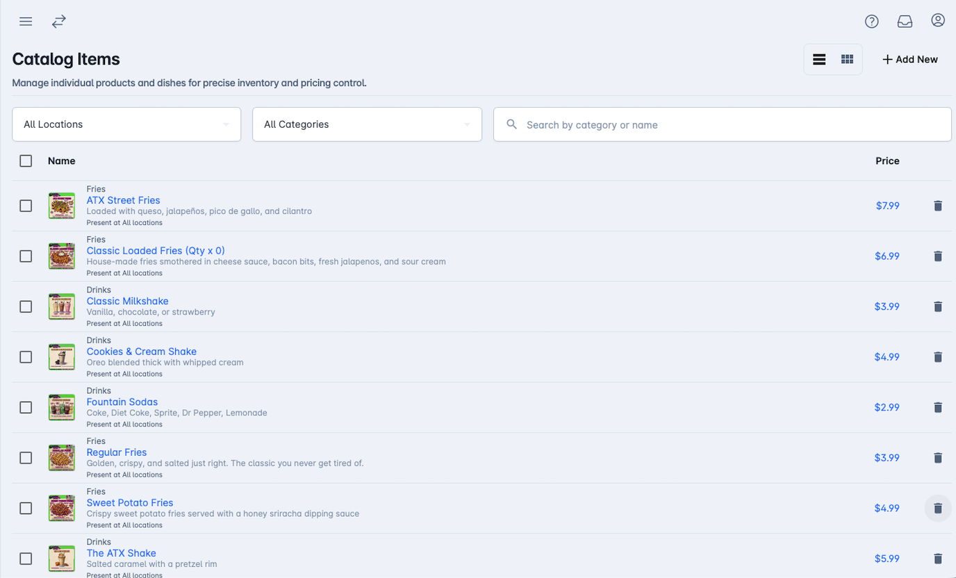 Catalog items view inside the Outbites dashboard showing menu items and prices.