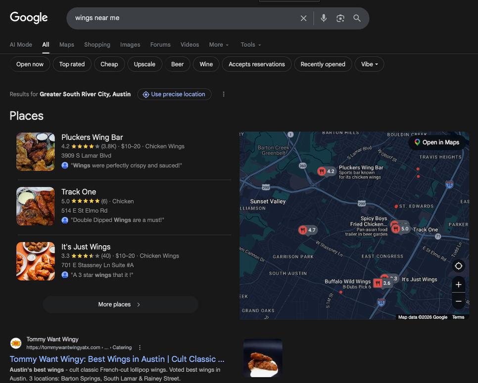 Google search results showing a food truck ranking for wings near me in Austin.