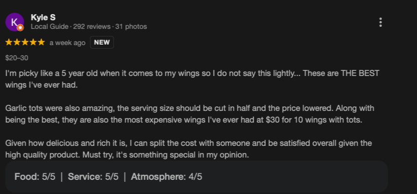 Google review for Tommy Want Wingy.